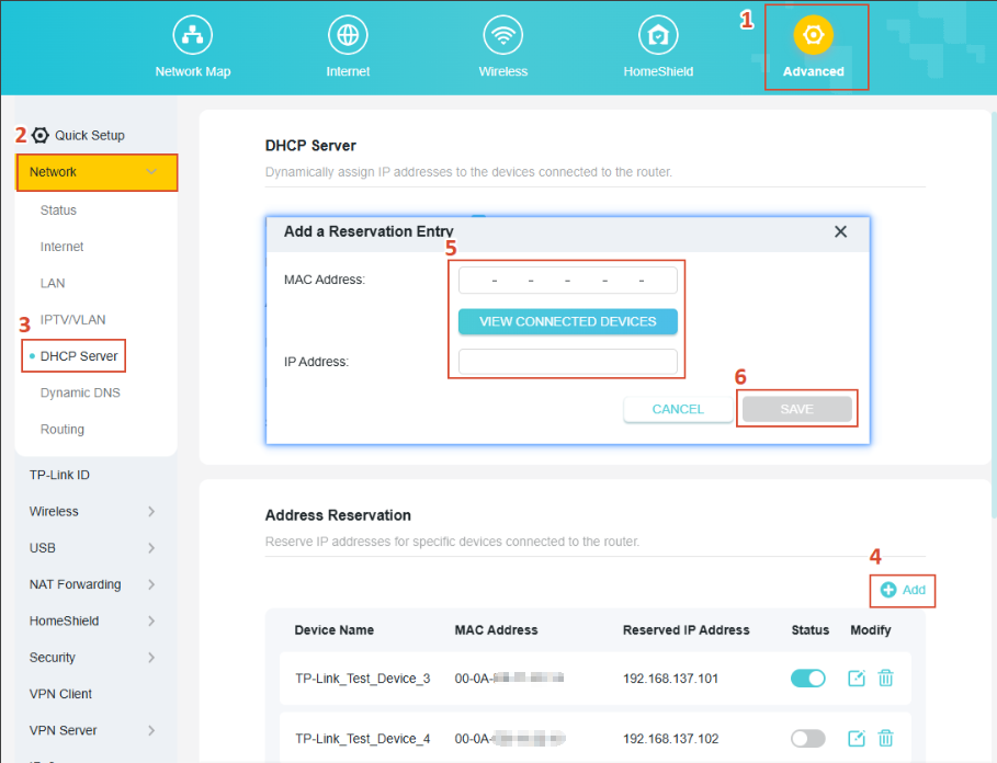 Steps to locate the Address Reservation and add a reservation entry.