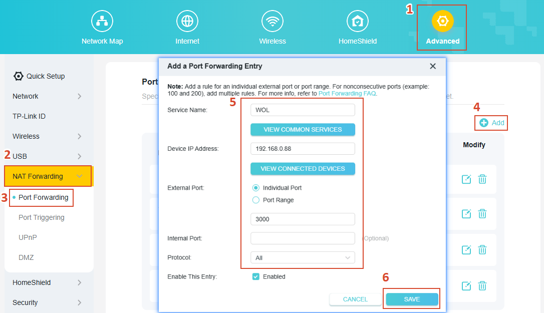 Steps to locate the Port Forwarding and add a new entry.