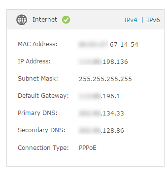 Router internet status showing IPv4 connection with MAC address, IP address, subnet mask, gateway, DNS servers, and PPPoE connection type.