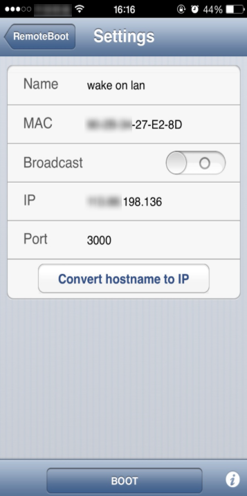 RemoteBoot app Settings screen with name set to wake on lan, MAC address, Broadcast toggle off, IP address, and port 3000 entered.