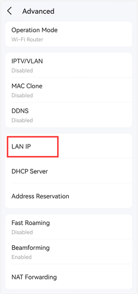 Deco Advanced settings screen with LAN IP option highlighted.