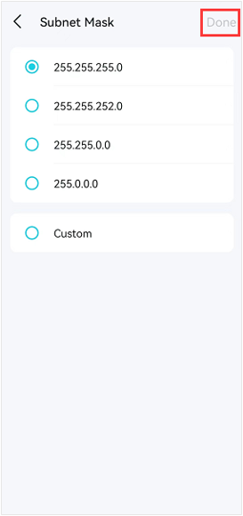 Deco Subnet Mask selection screen with 255.255.255.0 selected and a Done button.
