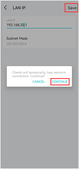 Deco LAN IP screen showing a confirmation dialog to continue, with the Continue and save buttons highlighted.