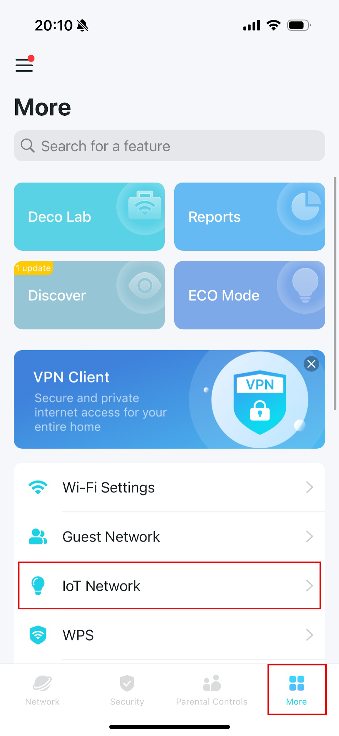 Deco app More screen with IoT Network option highlighted and the More tab highlighted in the bottom navigation.