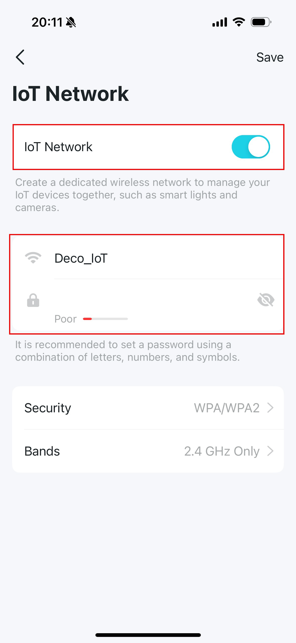 Deco IoT Network screen with the IoT Network toggle enabled and the network name and password fields highlighted.
