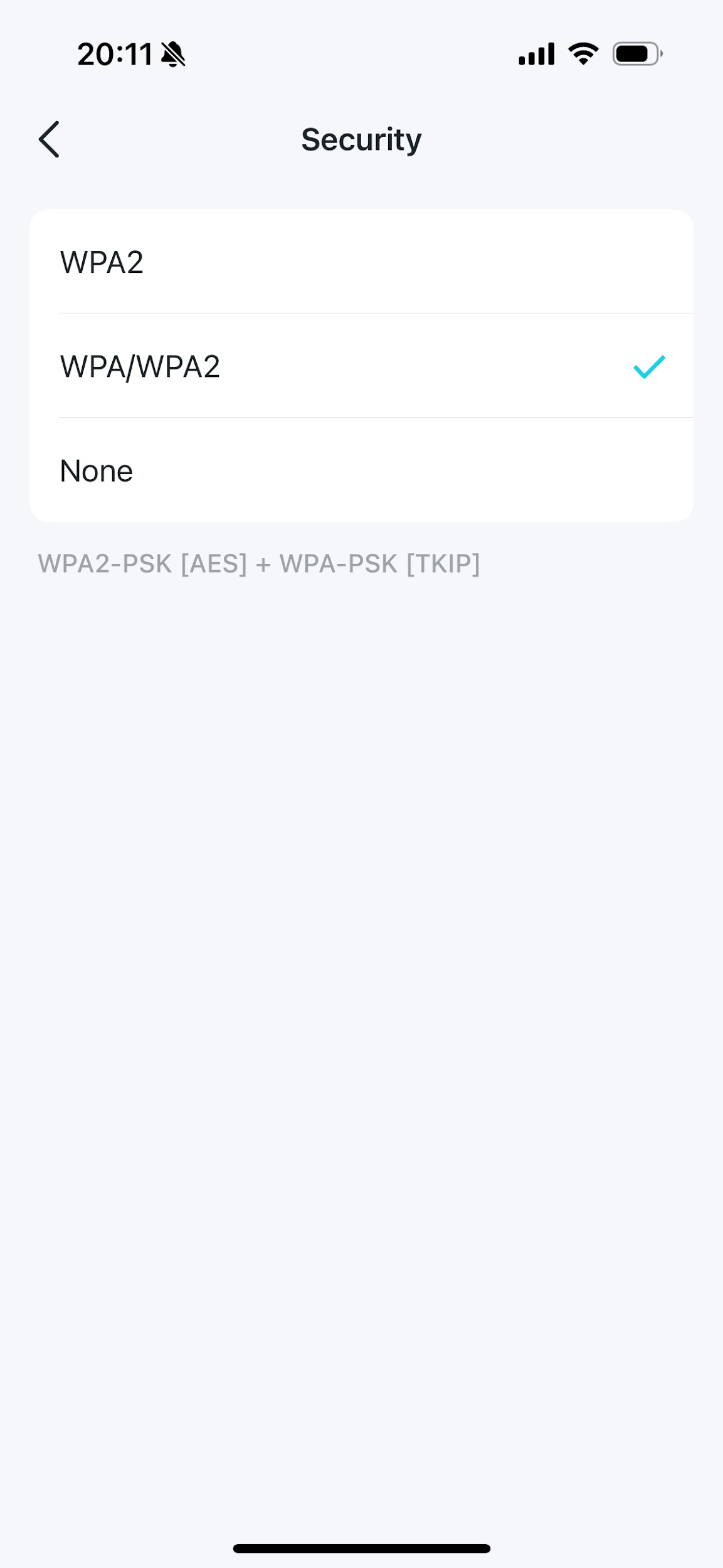 Deco IoT Network Security screen showing WPA2, WPA/WPA2, and None options with WPA/WPA2 selected.