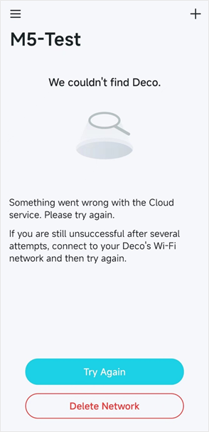 Deco app error screen displaying "We couldn't find Deco" with a cloud service error message and Try Again and Delete Network buttons.