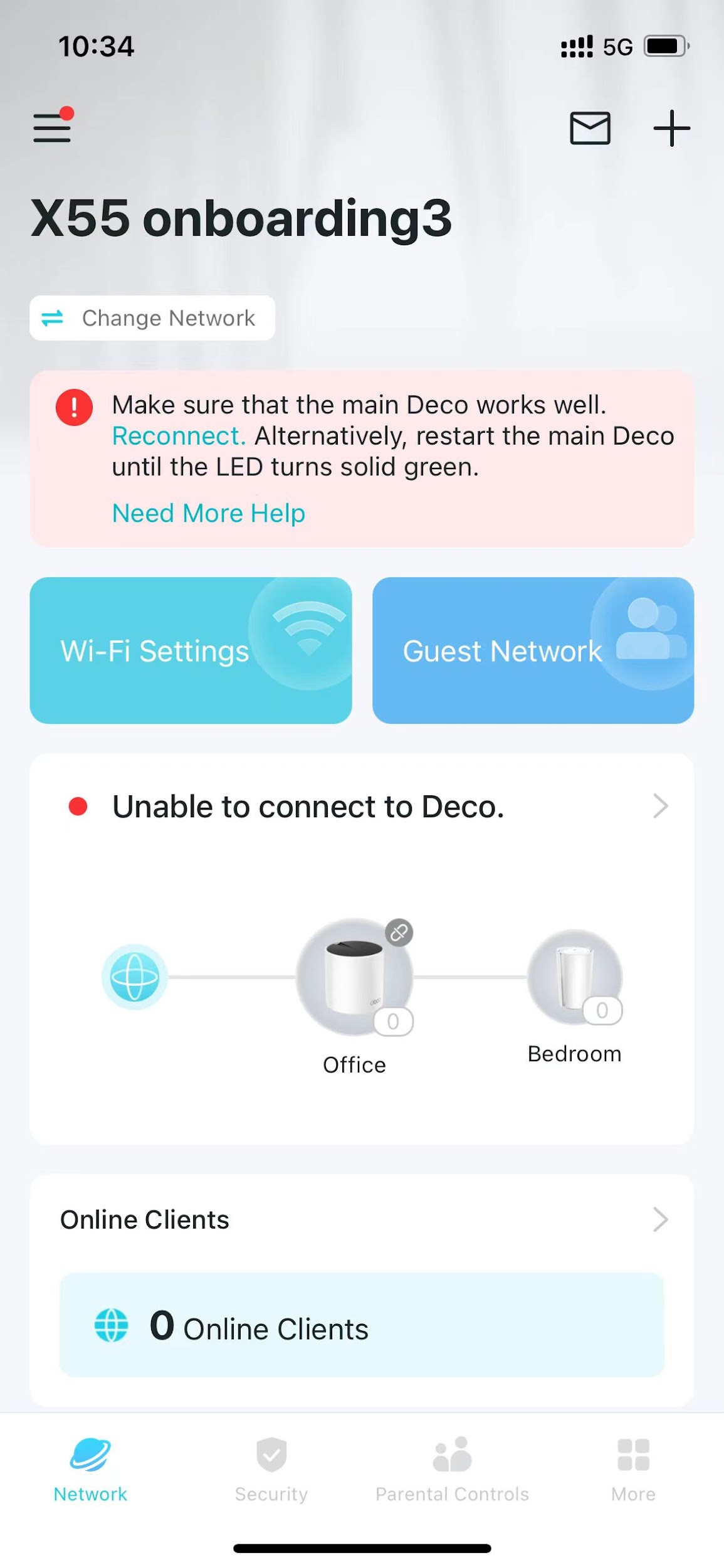 Deco app Network screen showing an "Unable to connect to Deco" error with a Reconnect prompt and 0 online clients.