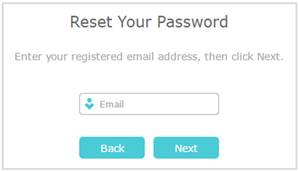 TP-Link Reset Your Password screen with an email field and Back and Next buttons.