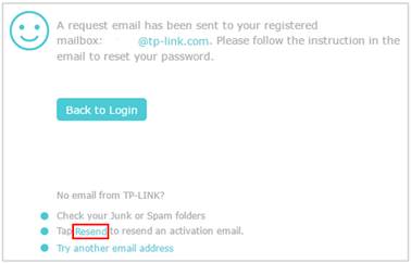 TP-Link password reset confirmation screen showing a success message and a Resend link highlighted.