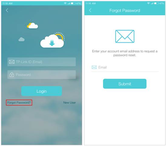 The app login screen with Forgot Password highlighted, and the Forgot Password screen with an email field and Submit button.