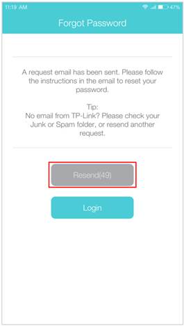 The app Forgot Password confirmation screen with a Resend button highlighted and a Login button.