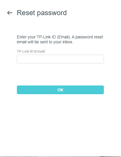 TP-Link Reset Password screen with a TP-Link ID email field and OK button.
