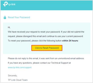 TP-Link password reset email with a Click to Reset Password button highlighted.