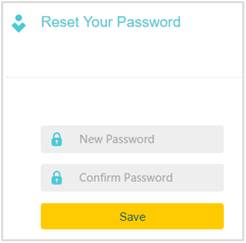 TP-Link Reset Your Password screen with new password and confirm password fields and a Save button.