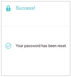 TP-Link password reset success screen confirming the password has been reset.