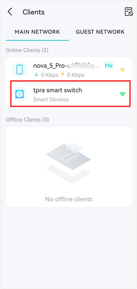 Clients screen with tpra smart switch listed under Smart Devices and highlighted.