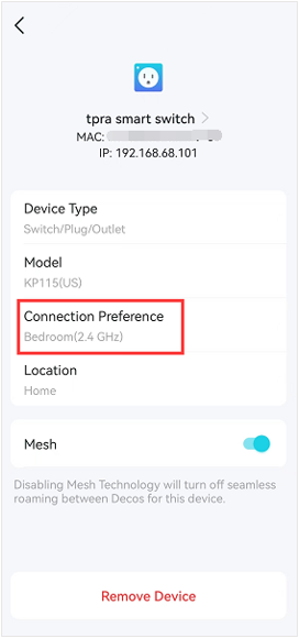 tpra smart switch detail screen with Connection Preference showing Bedroom (2.4 GHz) highlighted and Mesh toggled on.