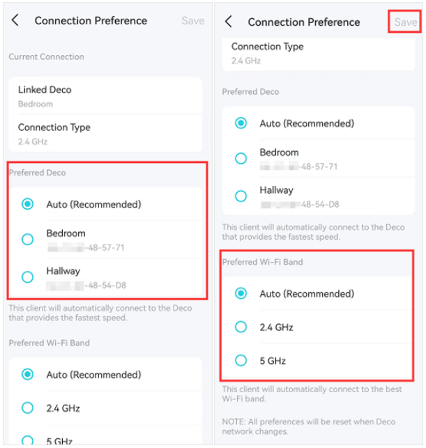 Side-by-side Connection Preference screens highlighting Preferred Deco options (left) and Preferred Wi-Fi Band options (right).