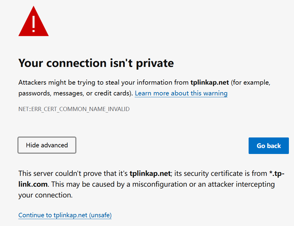 Browser privacy error expanded view showing Hide Advanced button and Continue to tplinkap.net (unsafe) link.