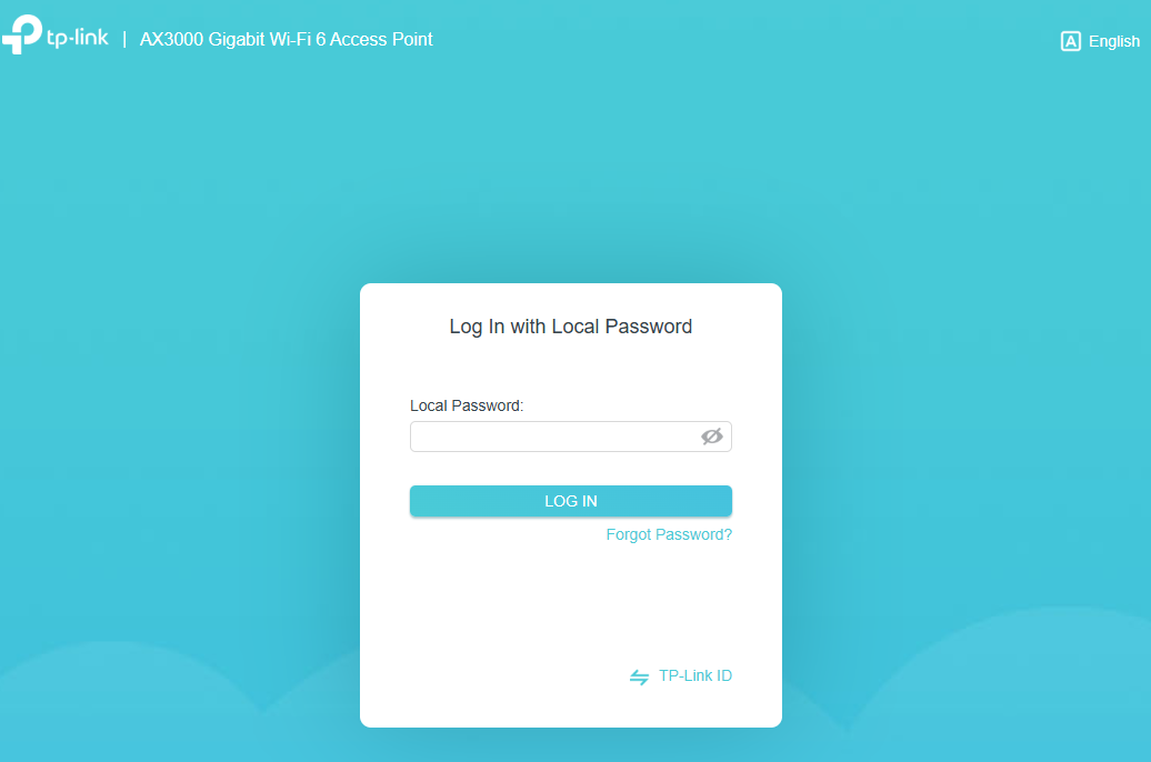 TP-Link AX3000 Wi-Fi 6 Access Point local password login page with Log In button and TP-Link ID option.
