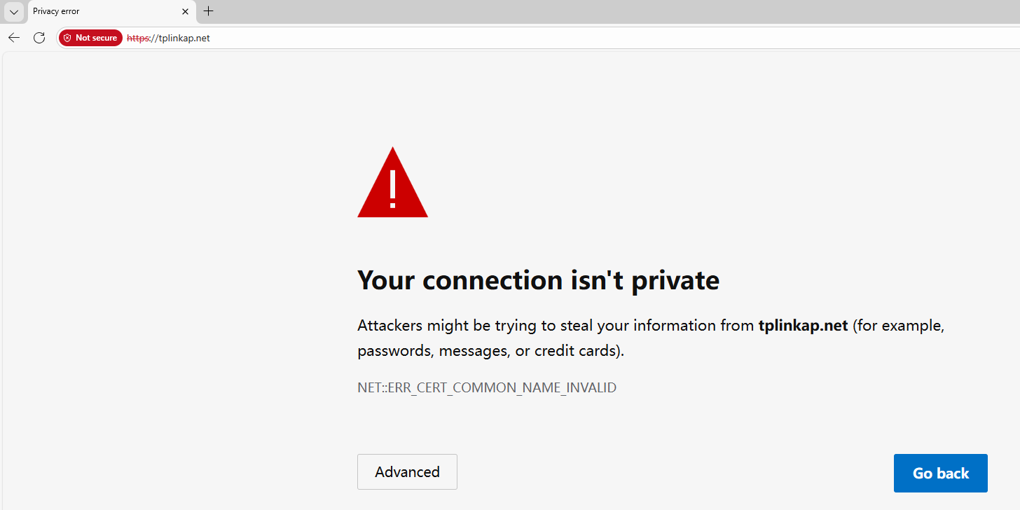 Browser privacy error page for tplinkap.net with Advanced and Go back buttons visible.