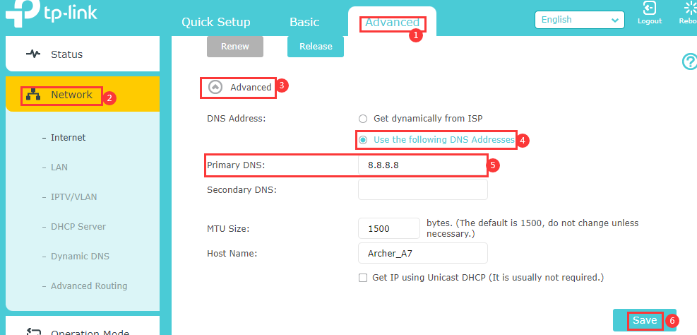 TP-Link router Advanced tab with Network selected,Use the Following DNS Addresses selected. Primary DNS set to 8.8.8.8, and Save highlighted.