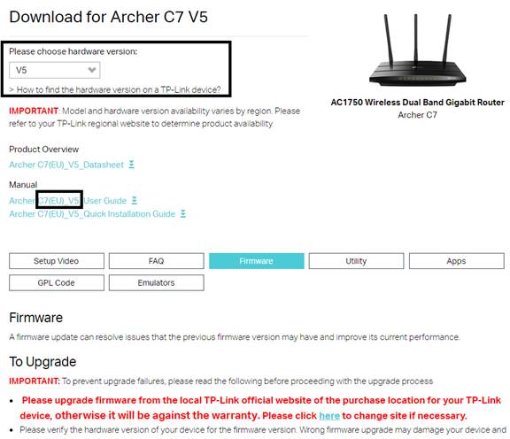TP-Link Archer C7 V5 download page with V5 hardware version selected and Firmware tab highlighted.
