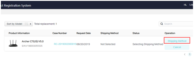 TP-Link Product Registration System Replacement page showing an RMA case with the Shipping Method button highlighted in a red box.