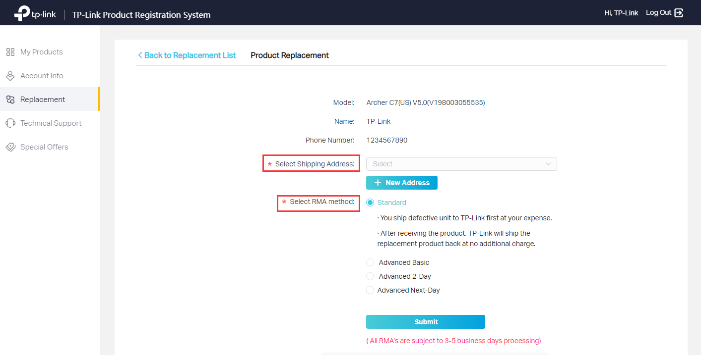 TP-Link Product Registration System Product Replacement page showing Select Shipping Address and Select RMA method fields highlighted in red boxes.