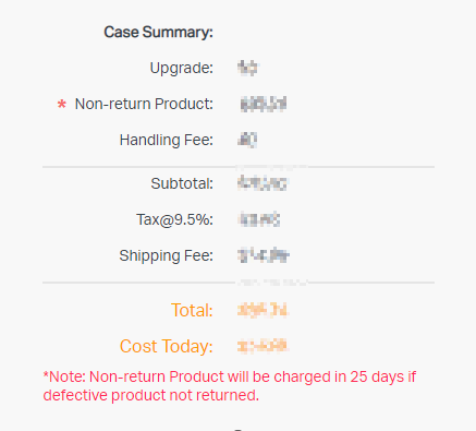 RMA Case Summary showing fees including Non-return Product charge, Subtotal, Tax, Shipping Fee and ect,.