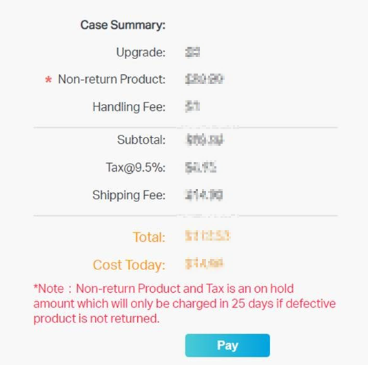 RMA Case Summary showing all applicable fees with a Pay Button.