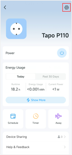 Tap the gear icon in the top right in the device status page.