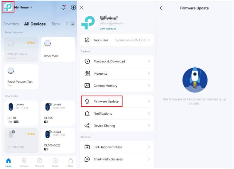 Tap the profile picture in the top left corner, then select Firmware Update to check for an update.