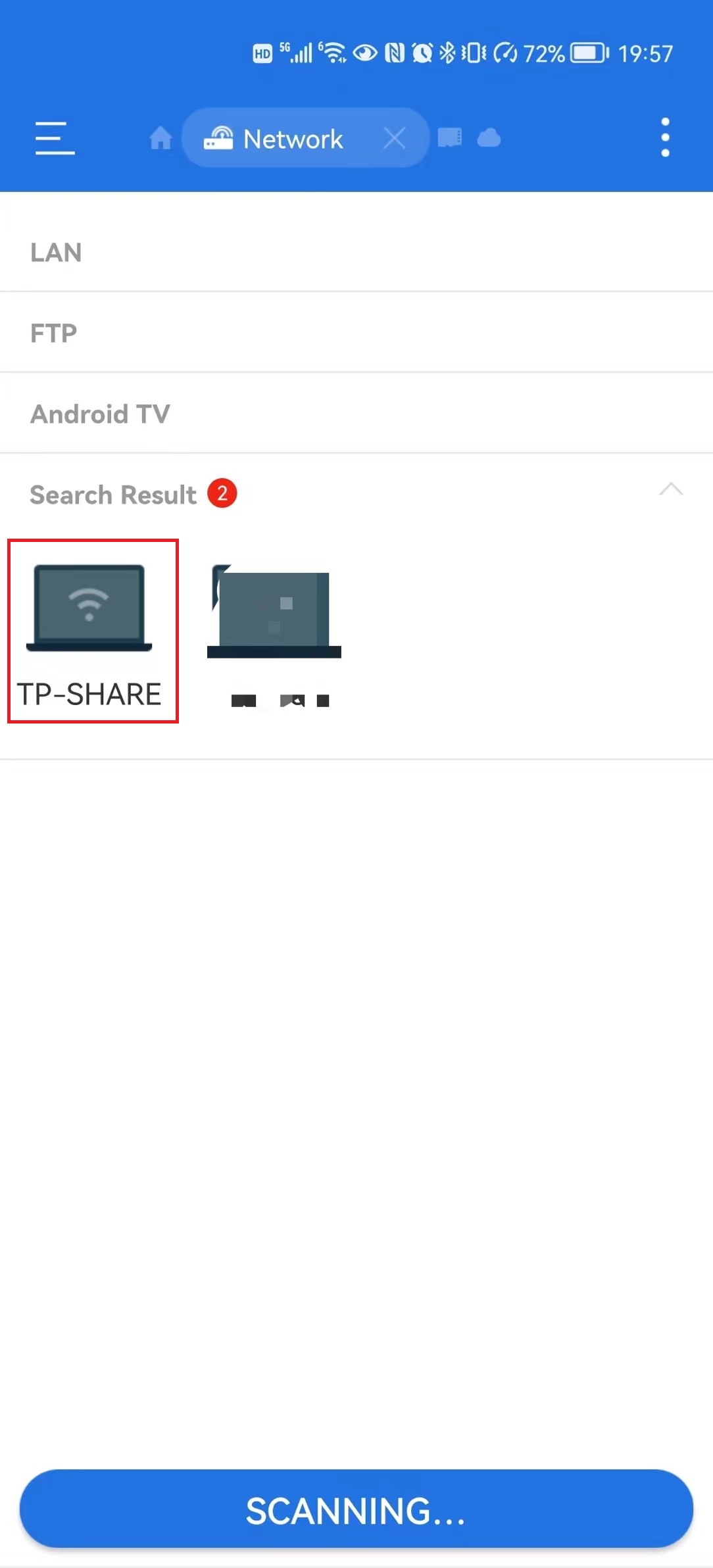 Android file manager Network scan results showing TP-SHARE highlighted under Search Results.