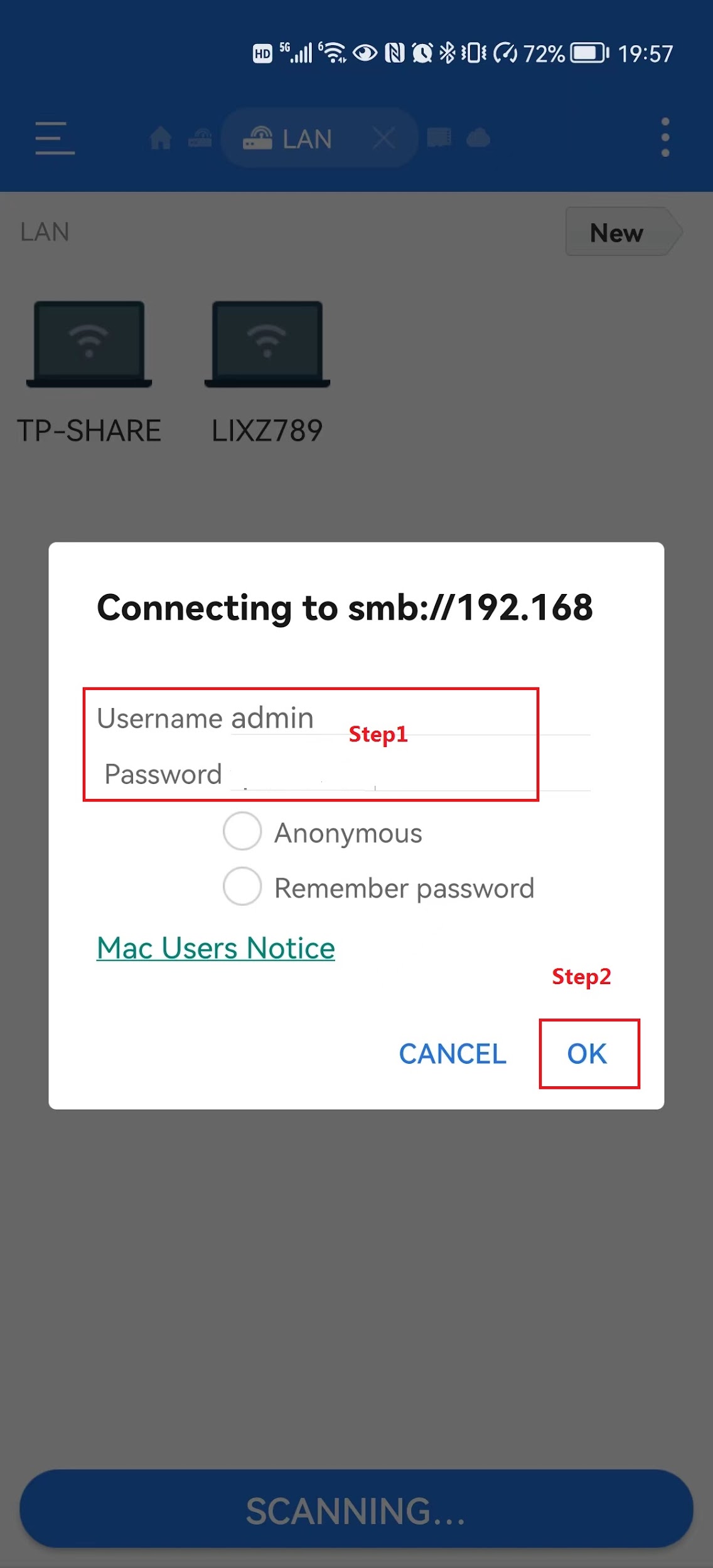 Android file manager SMB login dialog with username and password fields highlighted and OK button shown.