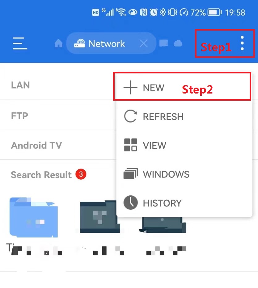 Android file manager Network screen showing the overflow menu open with the New option highlighted.