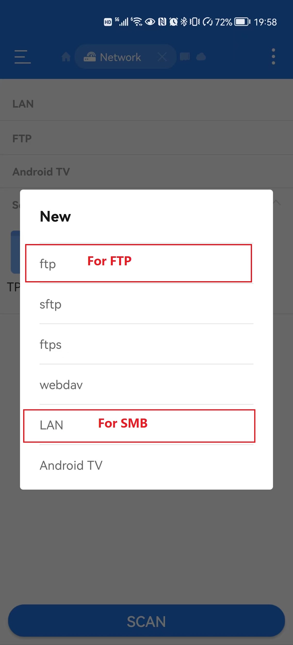 Android file manager New connection dialog showing FTP and LAN options highlighted for FTP and SMB access.