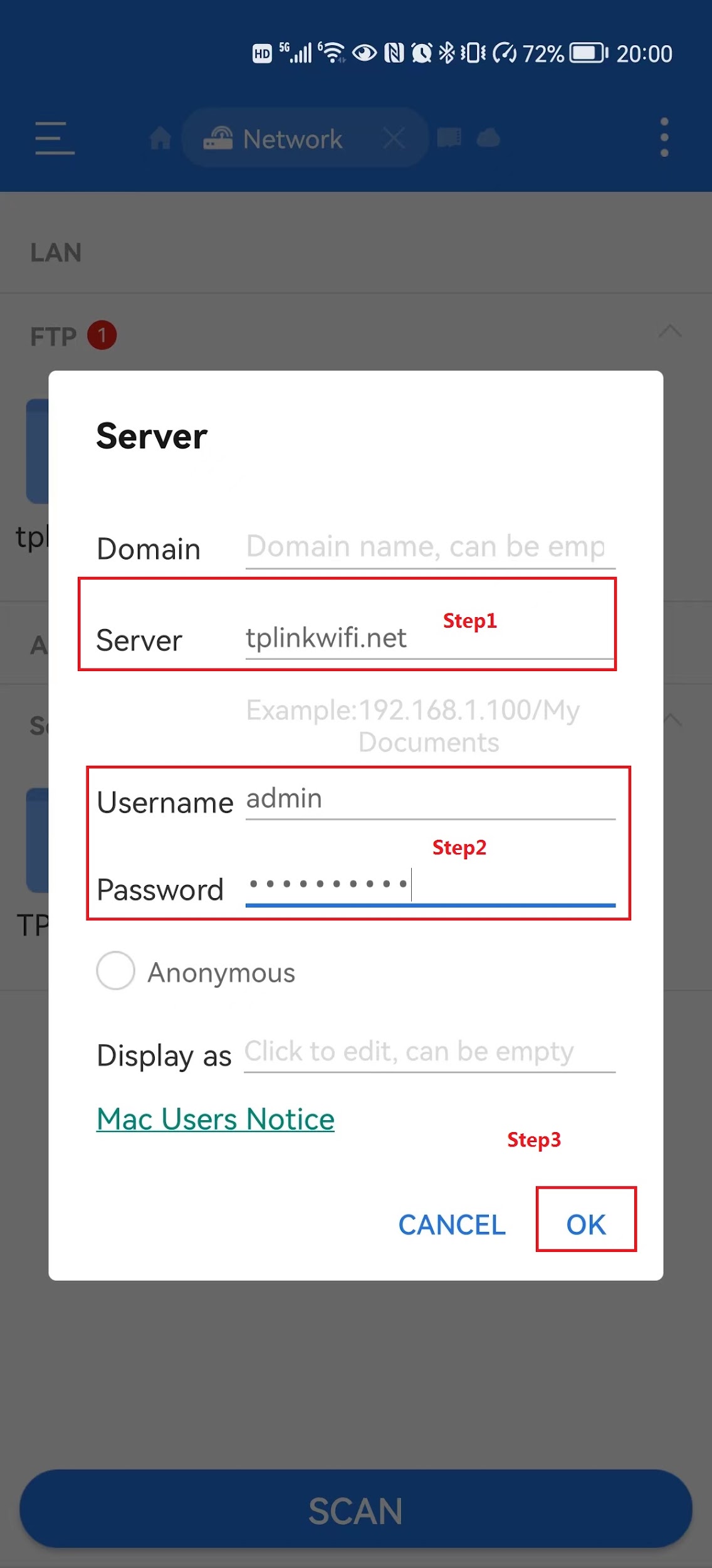 Android file manager SMB Server dialog with server address and account credential fields highlighted and OK button shown.