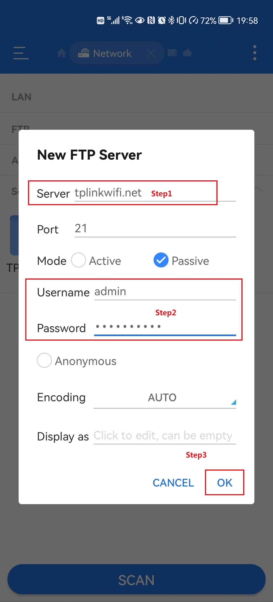 Android file manager New FTP Server dialog with server address and account credential fields highlighted and OK button shown.