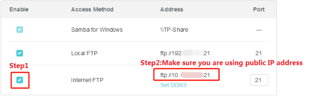 TP-Link router web UI showing Internet FTP enabled with a public IP address highlighted and instructions to enable it.