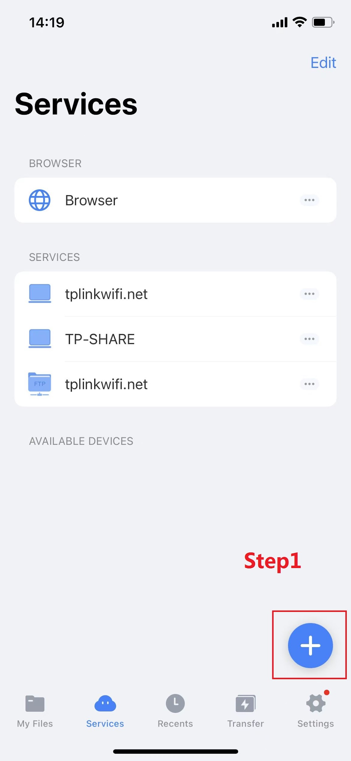 iOS file manager Services screen showing saved connections, with the Add button highlighted in the bottom right.
