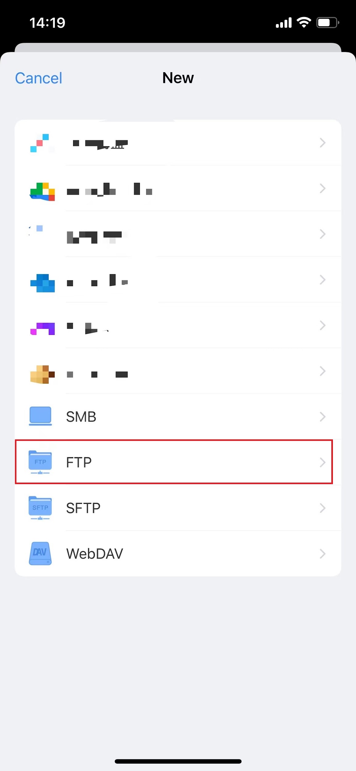 iOS file manager New connection screen with FTP option highlighted among available connection types.