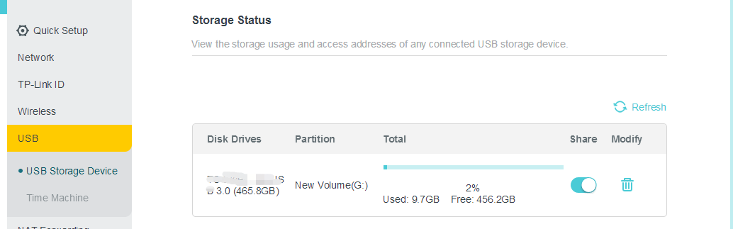 TP-Link router web UI showing USB Storage Status with a connected drive displaying total, used, and free space.