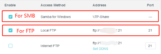 TP-Link router web UI showing SMB and FTP access methods highlighted with their respective addresses and ports.
