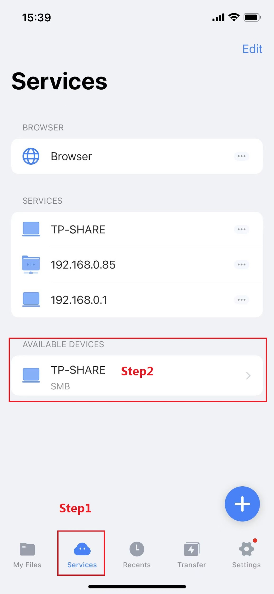 iOS file manager Services screen with the Services tab highlighted and TP-SHARE SMB device highlighted under Available Devices.