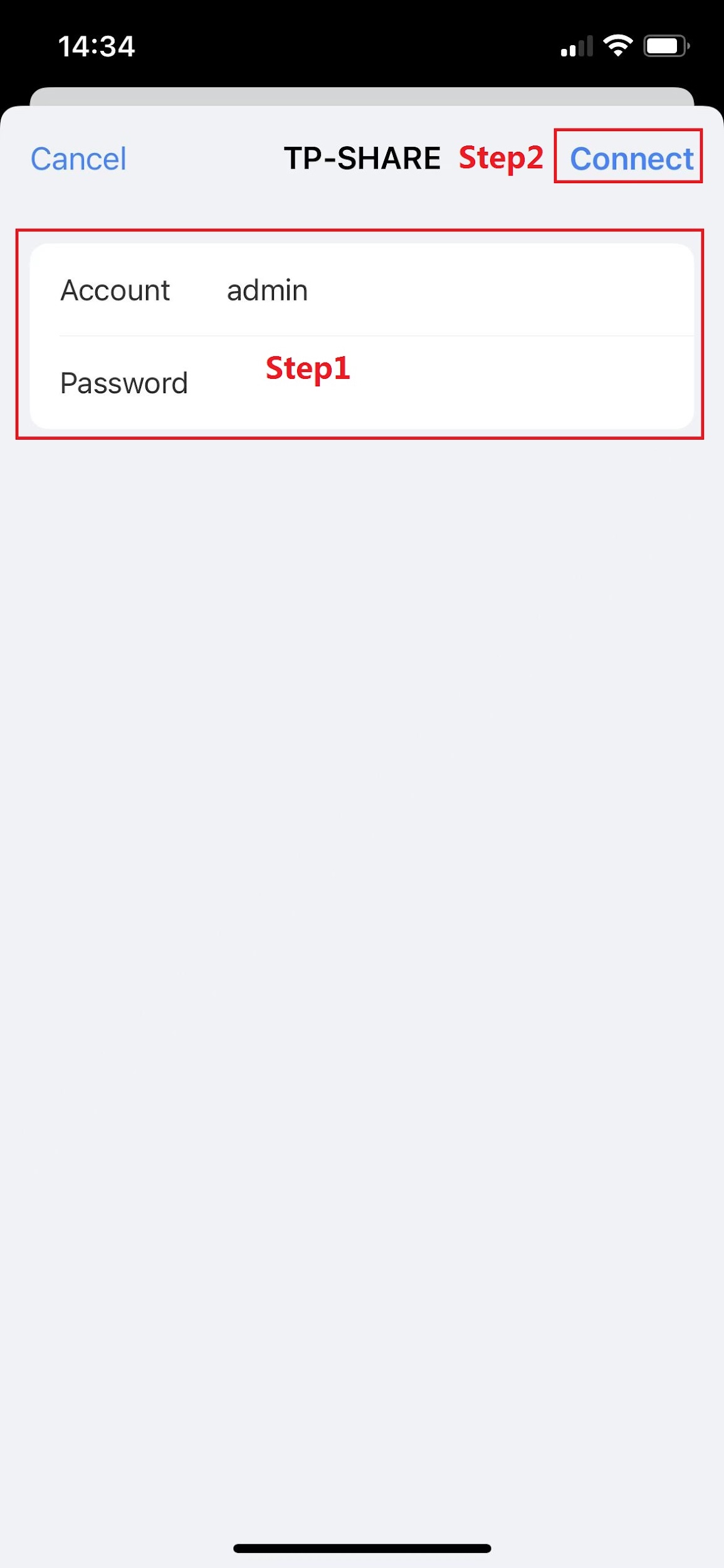 iOS file manager TP-SHARE connection screen with account and password fields highlighted and Connect button shown.