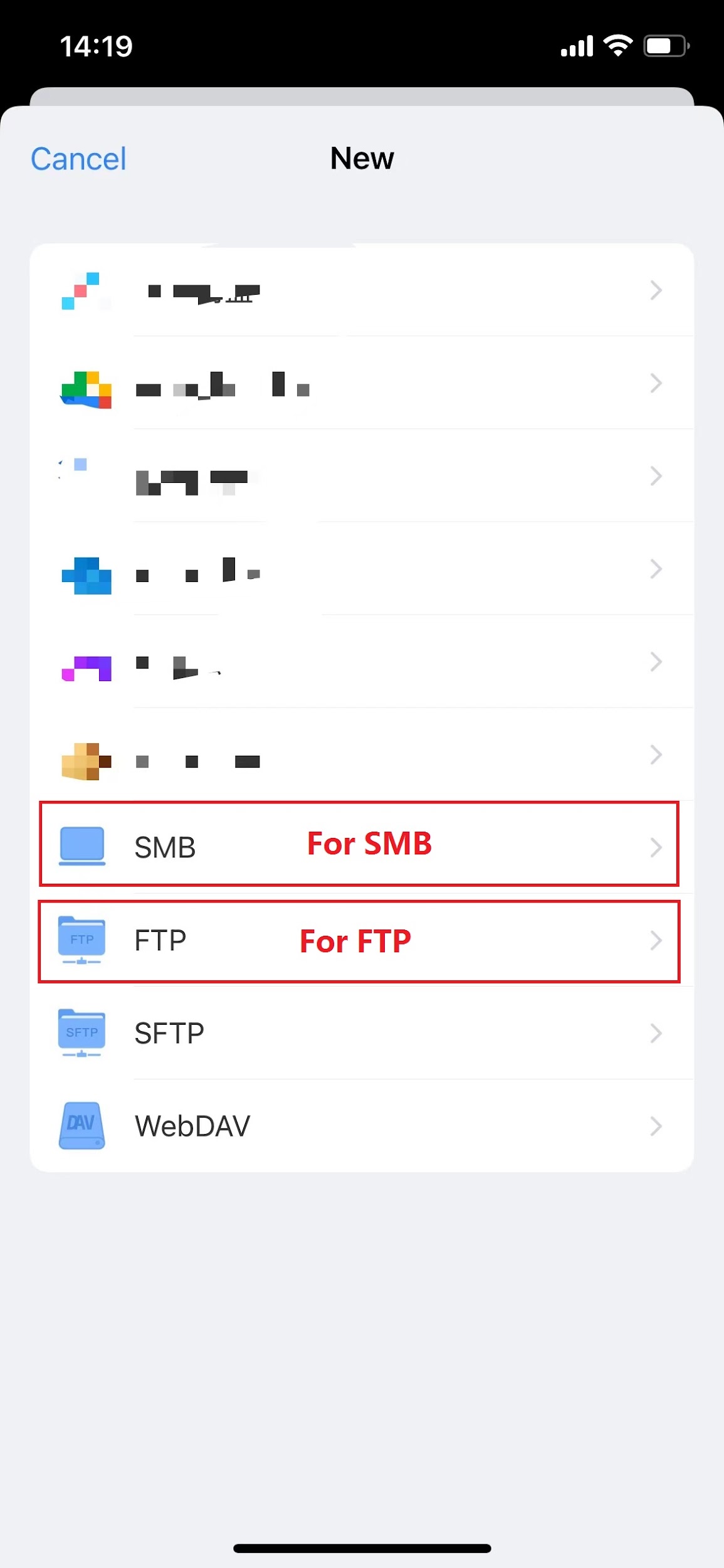iOS file manager New connection screen showing SMB and FTP options highlighted among available connection types.