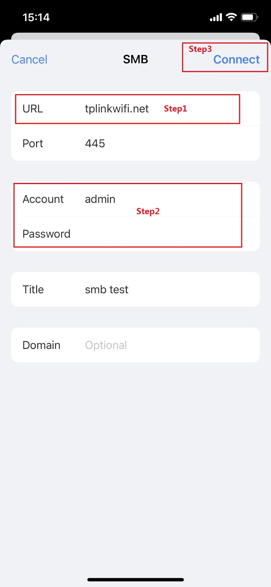 iOS file manager SMB connection screen with URL, account credential fields and connect button highlighted.