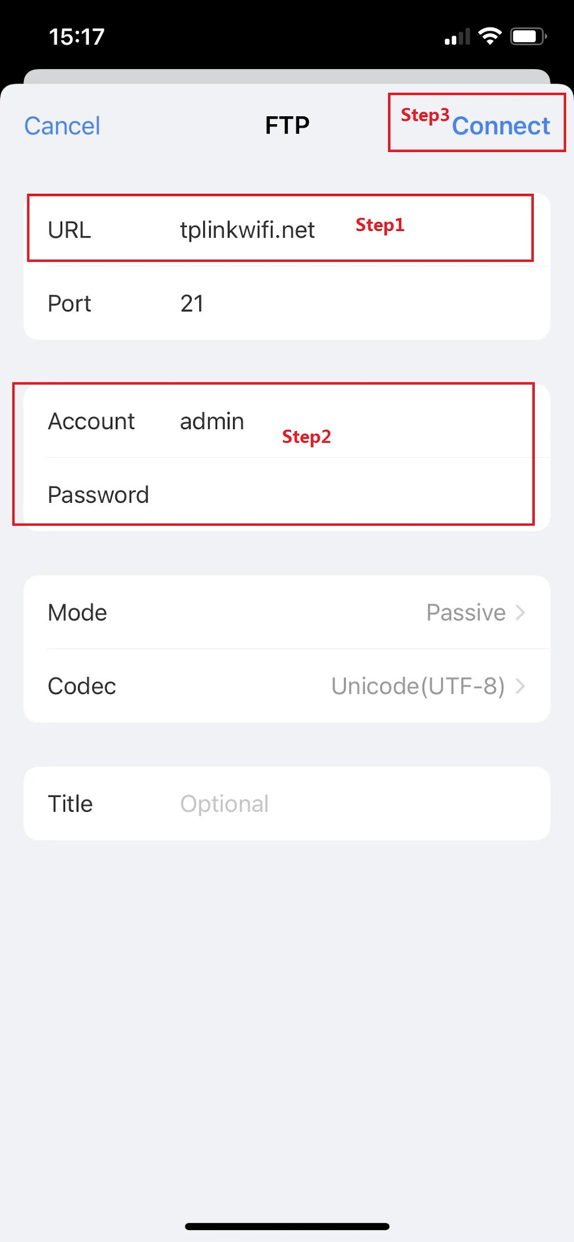 iOS file manager FTP connection screen with URL and account credential fields highlighted and Connect button shown.